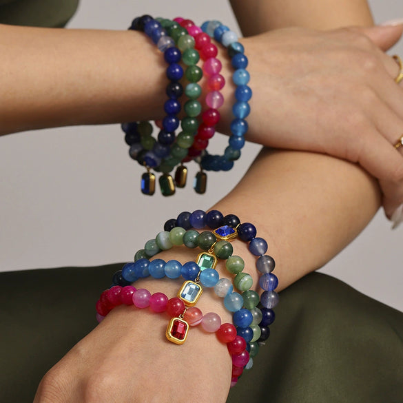 Wholesale Women's Handmade Natural Agate Beaded Elastic Cord Bracelet With Geometric Pattern Stainless Steel Material And Electroplating Processing