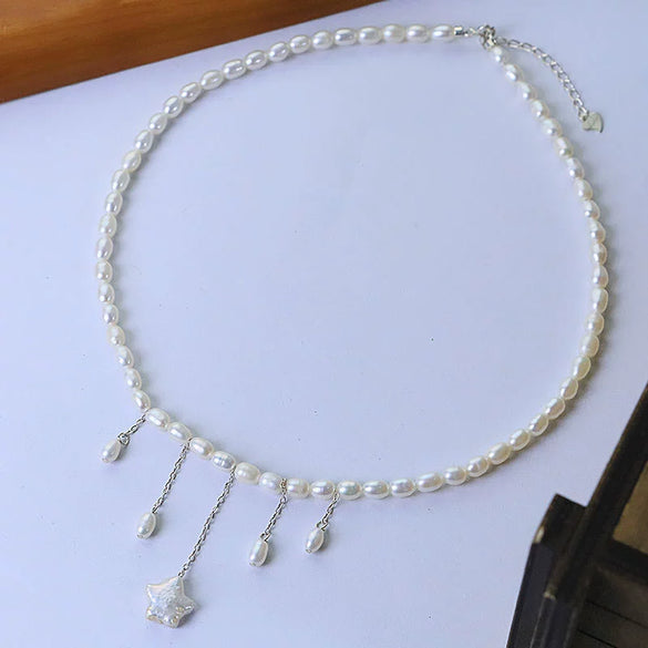 Wholesale Women's Handmade Natural Freshwater Pearl Geometric Vintage Baroque Fairy Style Necklace With Star Pendant And Tassel