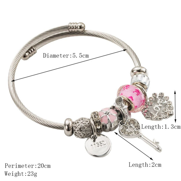 Wholesale Women's Handmade Stainless Steel Alloy Crystal Beaded Love Key Pendant Bracelet