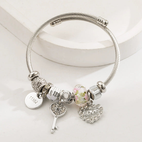Wholesale Women's Handmade Stainless Steel Alloy Crystal Beaded Love Key Pendant Bracelet