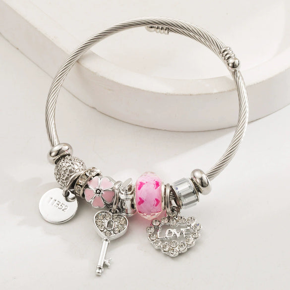 Wholesale Women's Handmade Stainless Steel Alloy Crystal Beaded Love Key Pendant Bracelet