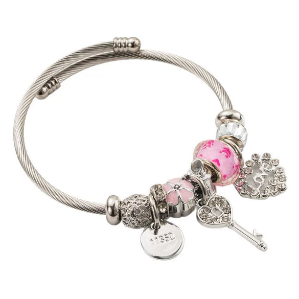 Wholesale Women's Handmade Stainless Steel Alloy Crystal Beaded Love Key Pendant Bracelet
