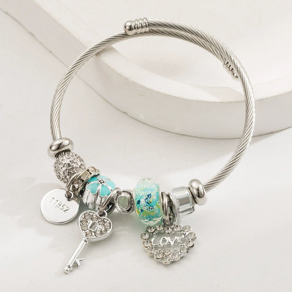 Wholesale Women's Handmade Stainless Steel Alloy Crystal Beaded Love Key Pendant Bracelet