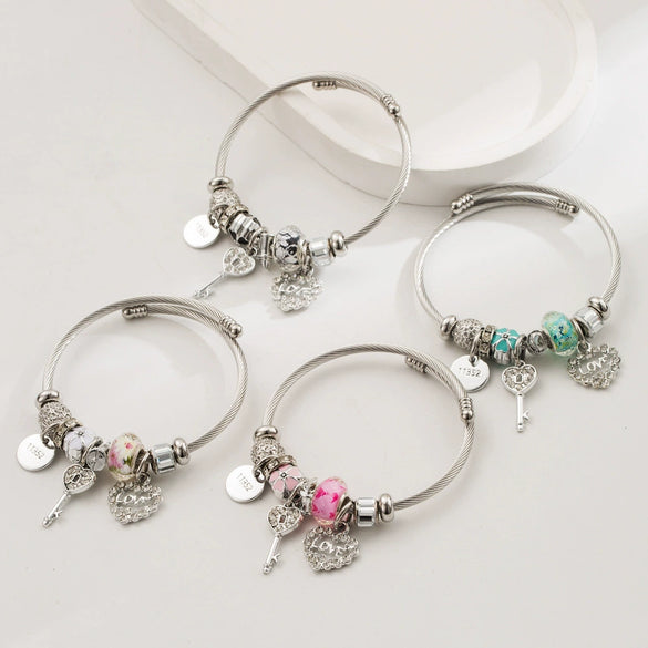 Wholesale Women's Handmade Stainless Steel Alloy Crystal Beaded Love Key Pendant Bracelet