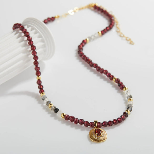 Wholesale Women's Handmade 925 Sterling Silver Geometric Natural Black Hair Crystal Garnet Color Necklace