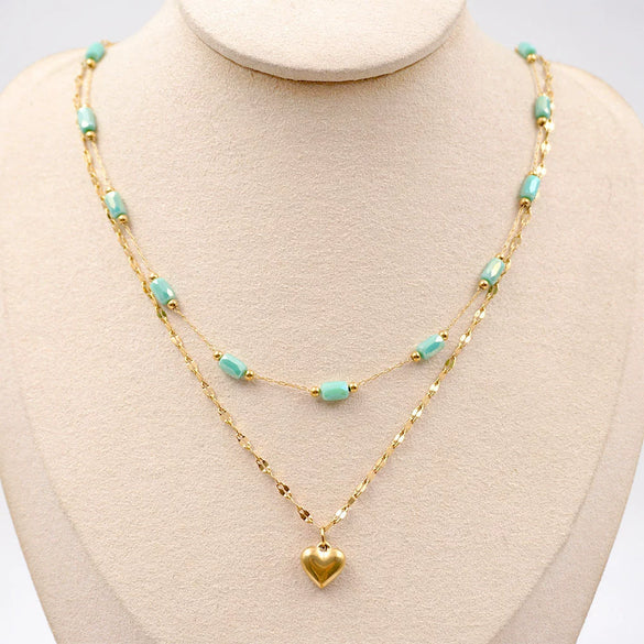 Wholesale Women's Handmade Titanium Steel Heart Pattern Retro Imitation Turquoise Pendant Clavicle Chain