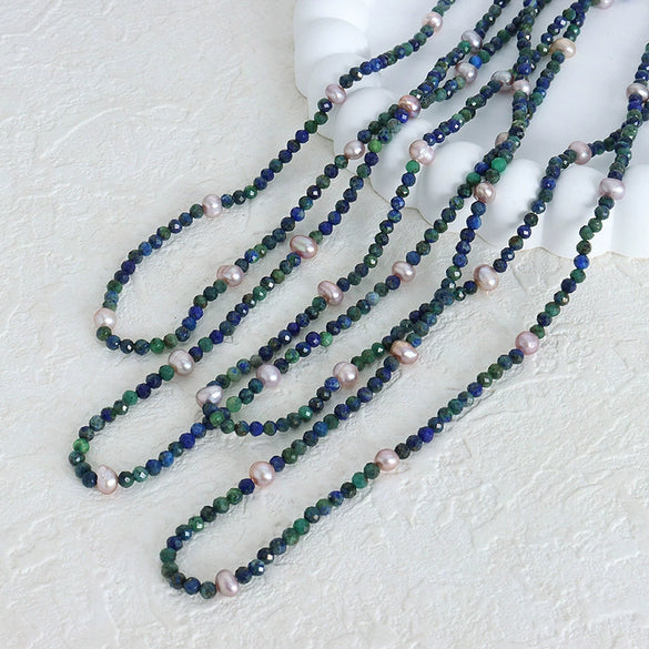 Wholesale Women's Handmade Titanium Steel Pearl Lapis Lazuite Necklace With Geometric Pattern And Electroplating