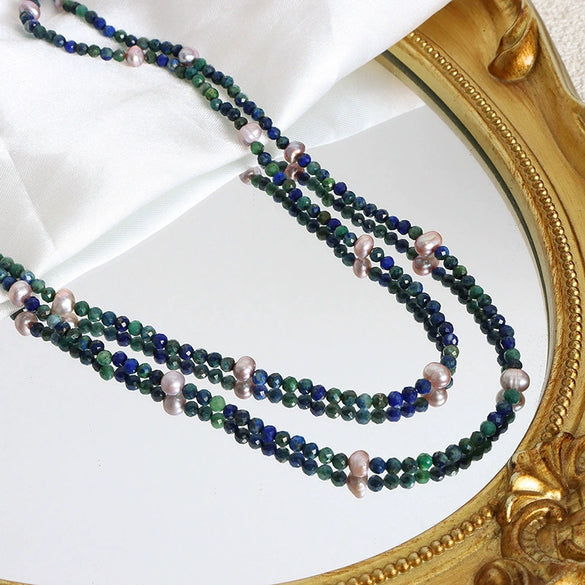 Wholesale Women's Handmade Titanium Steel Pearl Lapis Lazuite Necklace With Geometric Pattern And Electroplating