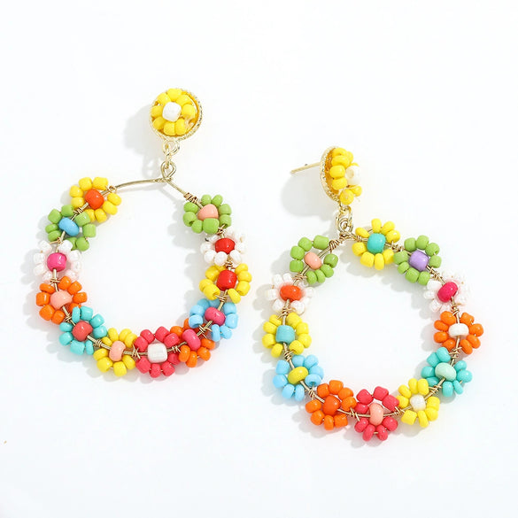 Wholesale Women's Handwoven Alloy Forest Style Beaded Wrap Flower Earrings