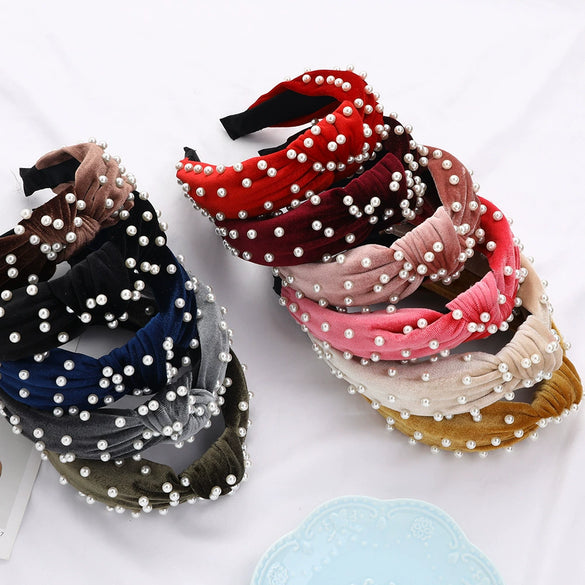 Wholesale Women's Handwoven Cloth Velvet Pearl Headband With Geometric Plaid Pattern