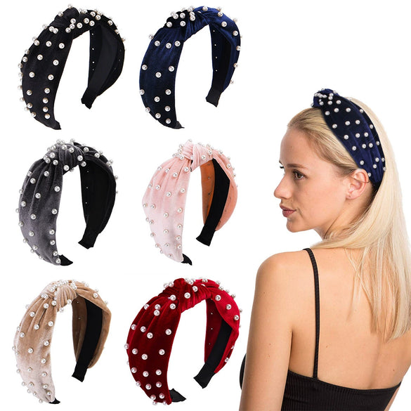 Wholesale Women's Handwoven Cloth Velvet Pearl Headband With Geometric Plaid Pattern