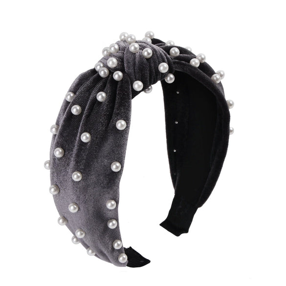 Wholesale Women's Handwoven Cloth Velvet Pearl Headband With Geometric Plaid Pattern