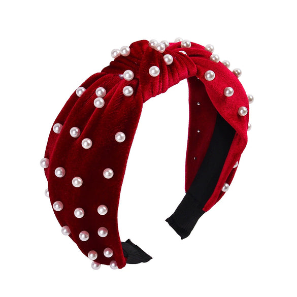 Wholesale Women's Handwoven Cloth Velvet Pearl Headband With Geometric Plaid Pattern
