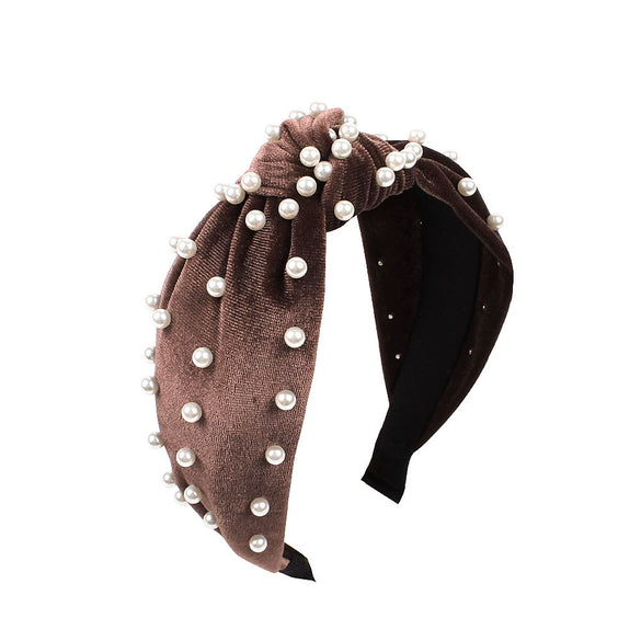Wholesale Women's Handwoven Cloth Velvet Pearl Headband With Geometric Plaid Pattern