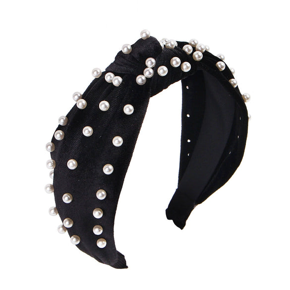Wholesale Women's Handwoven Cloth Velvet Pearl Headband With Geometric Plaid Pattern