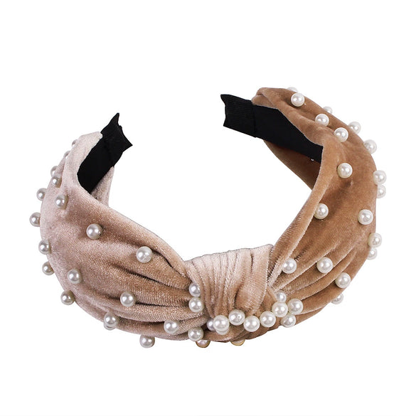 Wholesale Women's Handwoven Cloth Velvet Pearl Headband With Geometric Plaid Pattern
