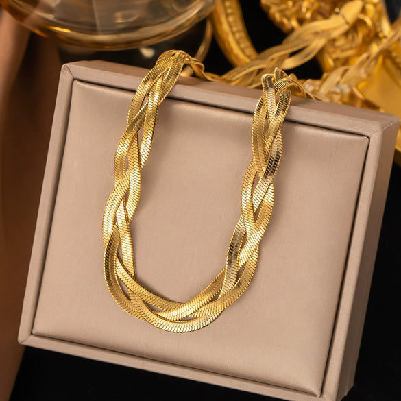 Wholesale Women's Handwoven Electroplated Titanium Steel Threelayer Cross Clavicle Necklace With Snake Bone Chain