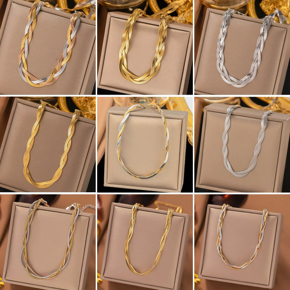 Wholesale Women's Handwoven Electroplated Titanium Steel Threelayer Cross Clavicle Necklace With Snake Bone Chain