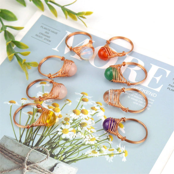 Wholesale Women's Handwoven Metal Red Agate Bead Ring With Geometric Style