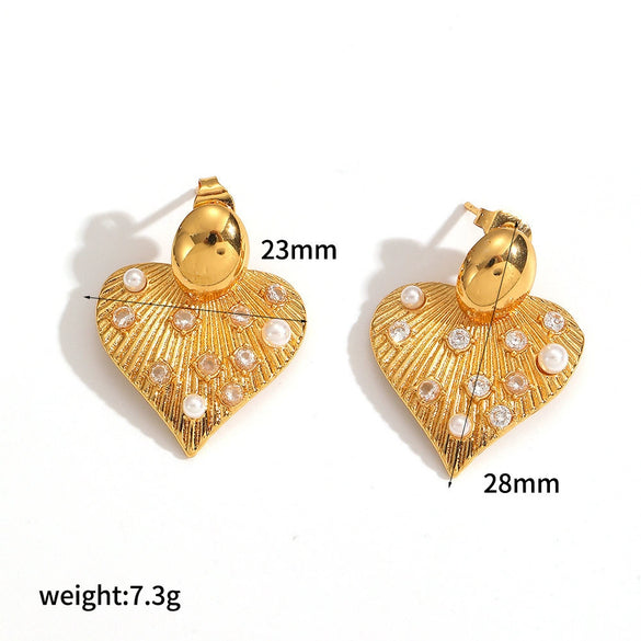 Wholesale Women's Heart Shape Geometric Stainless Steel Diamondencrusted Zircon Earrings With Pvd Furnace Vacuum Real Gold Plating