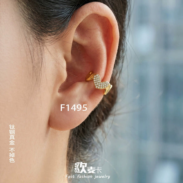 Wholesale Women's Heart Shape Zircon Clipon Earrings Stainless Steel Electroplated Niche Style