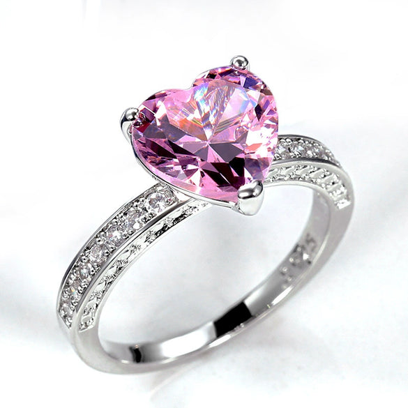 Wholesale Women's Heart Shaped Engagement Wedding Ring Inlaid With Pink Diamond Zircon On Copper