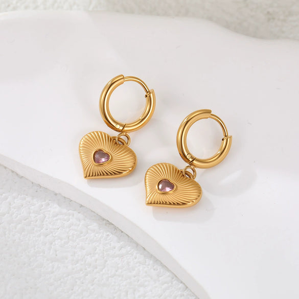 Wholesale Women's Heart Shaped Geometric Stainless Steel 18K Gold Electroplated Diamondencrusted Earrings