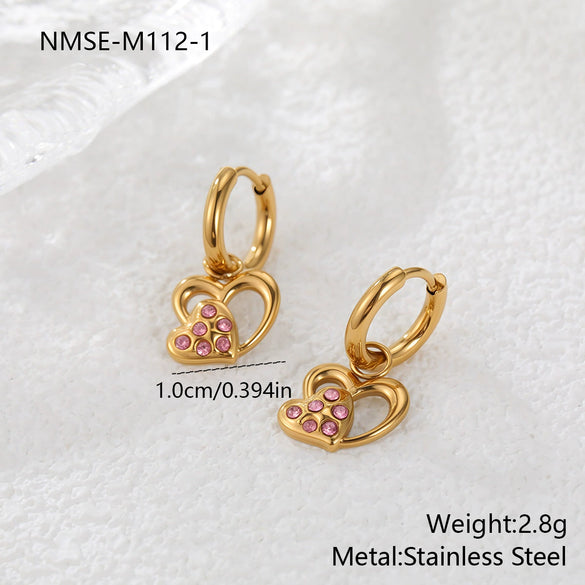 Wholesale Women's Heart Shaped Geometric Stainless Steel 18K Gold Electroplated Diamondencrusted Earrings
