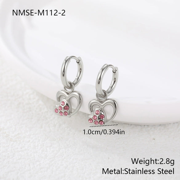 Wholesale Women's Heart Shaped Geometric Stainless Steel 18K Gold Electroplated Diamondencrusted Earrings