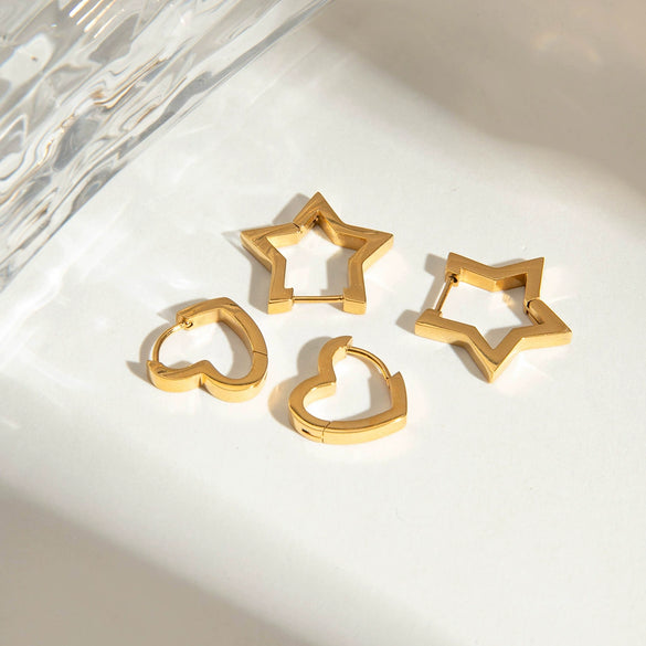 Wholesale Women's Heartshaped And Fivepointed Star Stainless Steel Goldplated Earrings