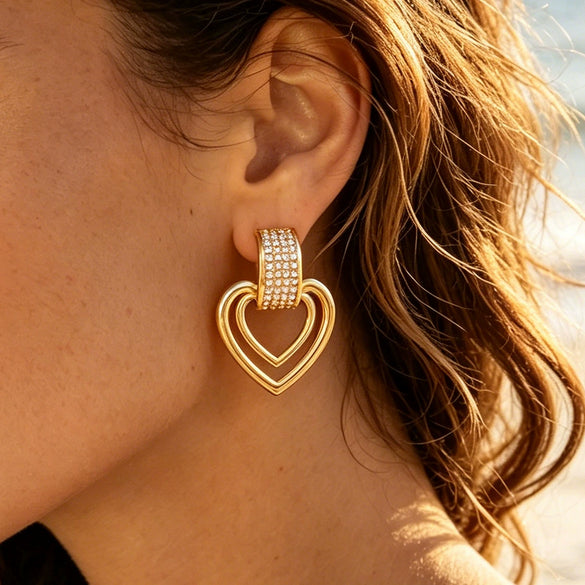Wholesale Women's Heartshaped Stainless Steel 18K Gold Plated Earrings With Exaggerated Niche Design