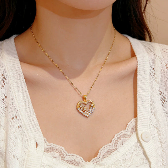 Wholesale Women's Heartshaped Zirconinlaid Titanium Steel Necklace With Water Wave Chain Light Luxury Design