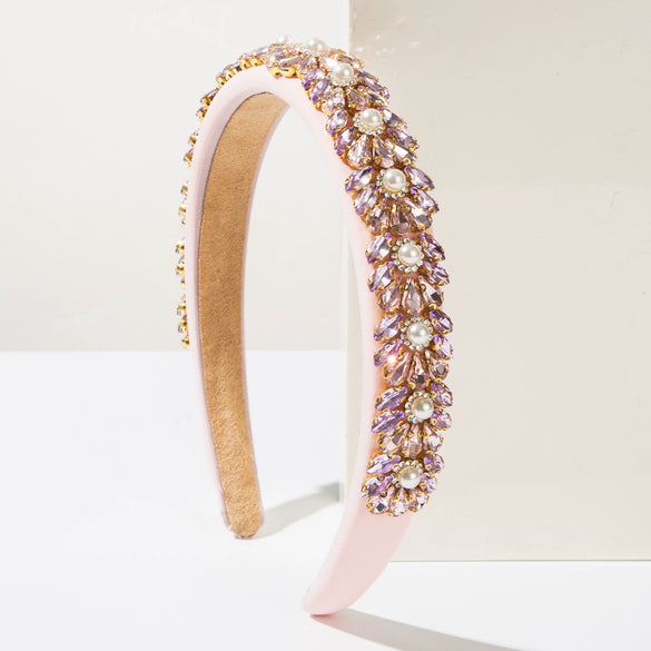 Wholesale Women's Heavy Craft Beaded Imitation Pearl Floral Geometric Headband Hair Accessory With Diamond Design