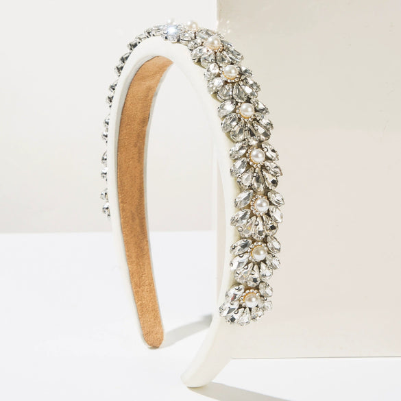 Wholesale Women's Heavy Craft Beaded Imitation Pearl Floral Geometric Headband Hair Accessory With Diamond Design