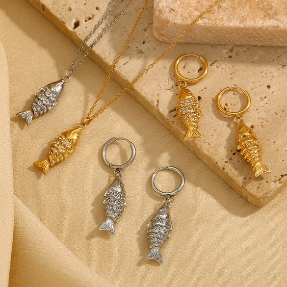 Wholesale Women's High End Creative Necklace And Earrings Set With Stainless Steel And Titanium Steel 18K Gold Plated Koi Pendant Animal Pattern Electroplated