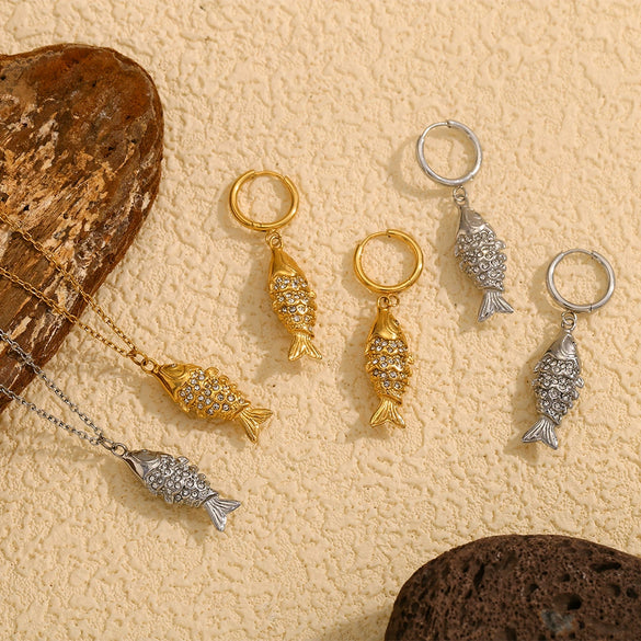 Wholesale Women's High End Creative Necklace And Earrings Set With Stainless Steel And Titanium Steel 18K Gold Plated Koi Pendant Animal Pattern Electroplated