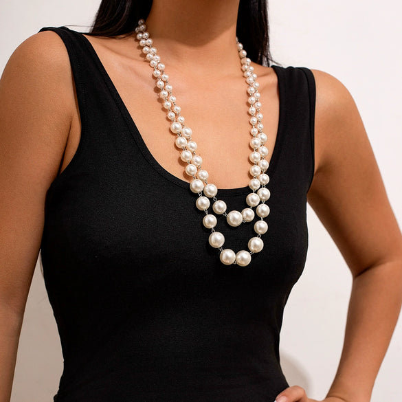 Wholesale Women's Highend Geometric Imitation Pearl Multilayer Stacked Necklace With Electroplating