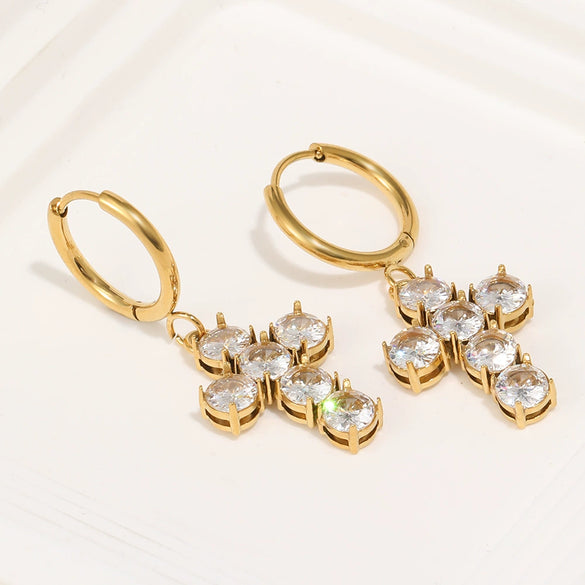 Wholesale Women's Highend Geometric Stainless Steel 18K Goldplated Cross Earrings