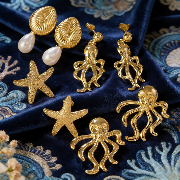Wholesale Women's Highend Geometric Stamped Stainless Steel Starfish Shell Pearl Jellyfish Earrings