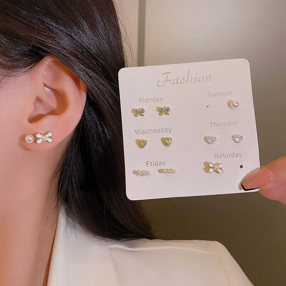 Wholesale Women's Highend Niche Simple Geometric Heart Bow Drop Shape Copper 925 Silver Needle Zircon Pearl Earrings Jewelry