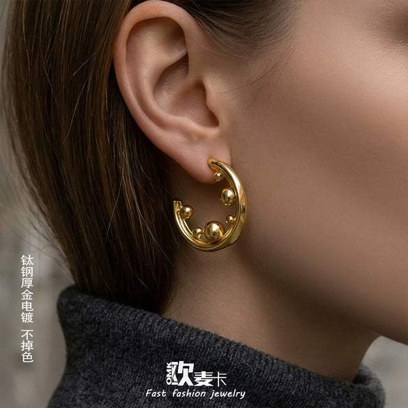 Wholesale Women's Highpolish Geometric Cshaped Hoop Stainless Steel Earrings With Gold Electroplating