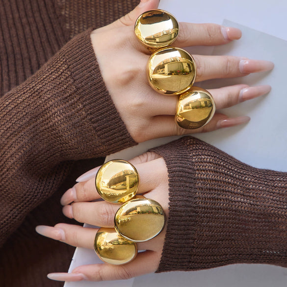 Wholesale Women's Highpolished Geometric Round Ring Set 18K Gold Plated Stainless Steel Accessories