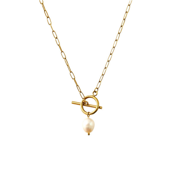 Wholesale Women's Hip Hop Stainless Steel Baroque Pearl Pendant Necklace With Geometric Pattern And Gold Plated Bamboo Chain