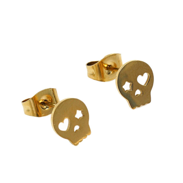 Wholesale Women's Hiphop Skull And Heart Hollowout Goldplated Stainless Steel Earrings