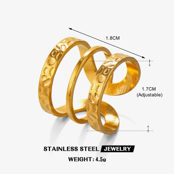 Wholesale Women's Hiphop Style Stainless Steel 3Layer Line Open Ring 18K Gold Plated