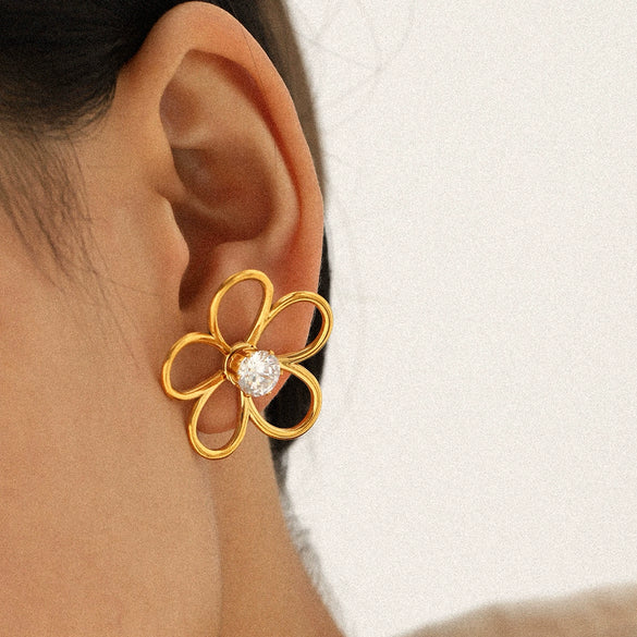 Wholesale Women's Hollow Stainless Steel Geometric Flower Zircon Inlaid Earrings