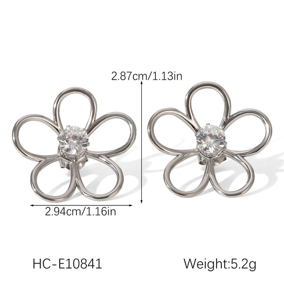 Wholesale Women's Hollow Stainless Steel Geometric Flower Zircon Inlaid Earrings