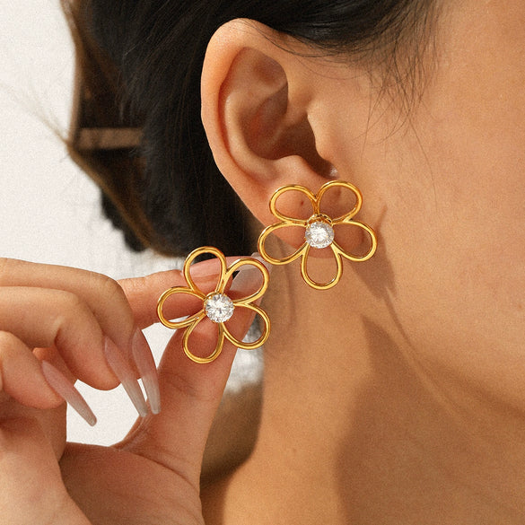 Wholesale Women's Hollow Stainless Steel Geometric Flower Zircon Inlaid Earrings