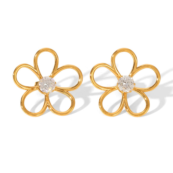 Wholesale Women's Hollow Stainless Steel Geometric Flower Zircon Inlaid Earrings