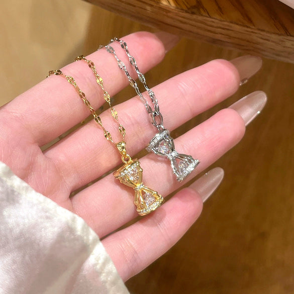 Wholesale Women's Hourglass Patterned Titanium Steel And Copper Inlaid With Zircon Necklace With Oshaped Chain Light Luxury Design